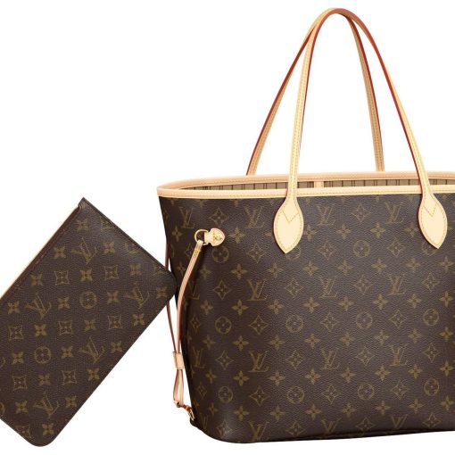LOUIS VUITTON NEVERFULL 코팅 캔버스 및 소가죽 트림 토트 가방, 쇼핑백, 핸드백 M 여성 브라운 L31*W14*H28cm